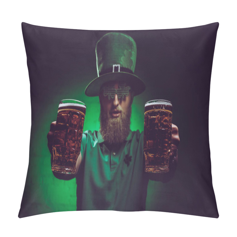 Personality  Close-up View Of Bearded Man In Green Irish Hat Holding Glasses Of Beer  Pillow Covers