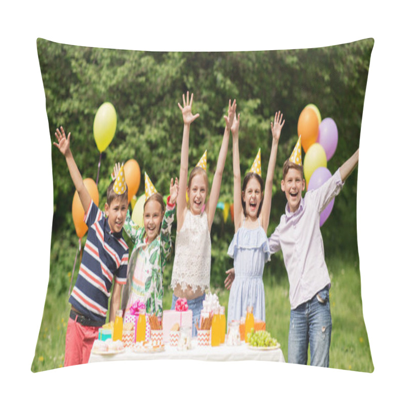 Personality  Happy Kids On Birthday Party At Summer Garden Pillow Covers