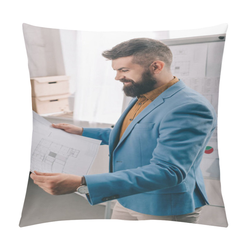 Personality  Side View Of Smiling Adult Male Architect In Blue Formal Wear Holding Blueprint, Using Flip Chart And Working On Project In Office Pillow Covers