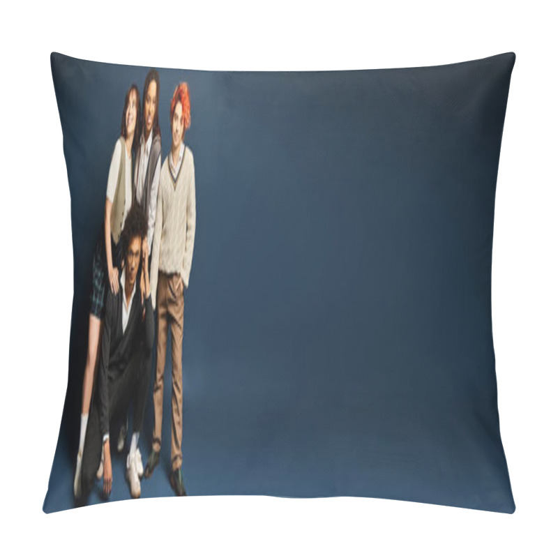 Personality  Multicultural Friends, Including A Nonbinary Person, Stand Together In Stylish Attire Against A Dark Blue Background. Pillow Covers