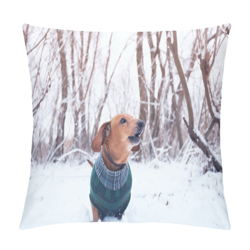 Personality  Small Dog  Barks During The Walking In The Winter Woods Pillow Covers