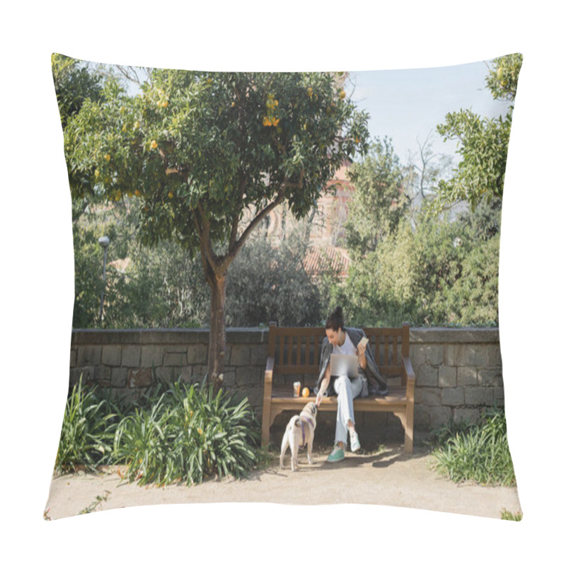 Personality  Positive Freelancer In Earphones Petting Pug Dog And Using Gadgets While Sitting Near Coffee To Go And Fresh Orange On Wooden Bench And Spending Time In Park In Barcelona, Spain, Orange Tree Pillow Covers