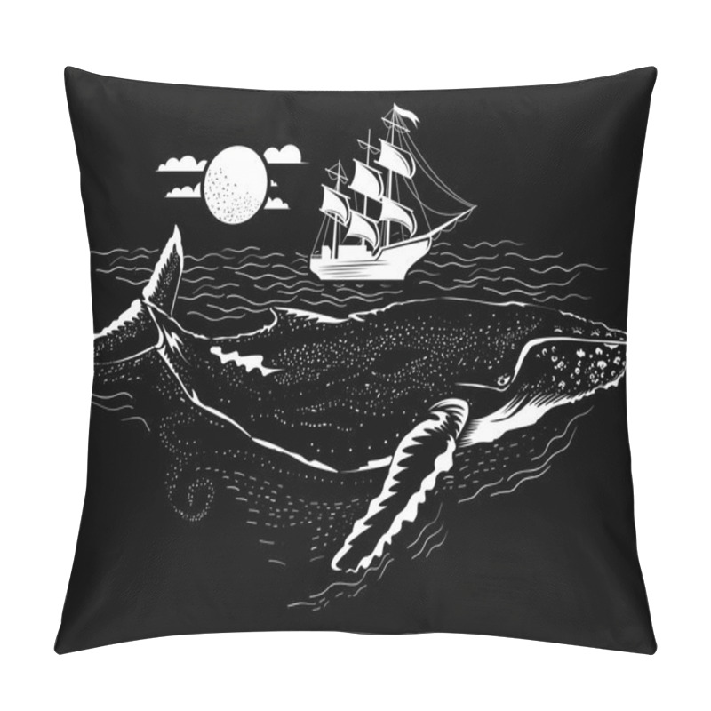 Personality  Whale Illustration Under The Water. Small Ship Above Pillow Covers