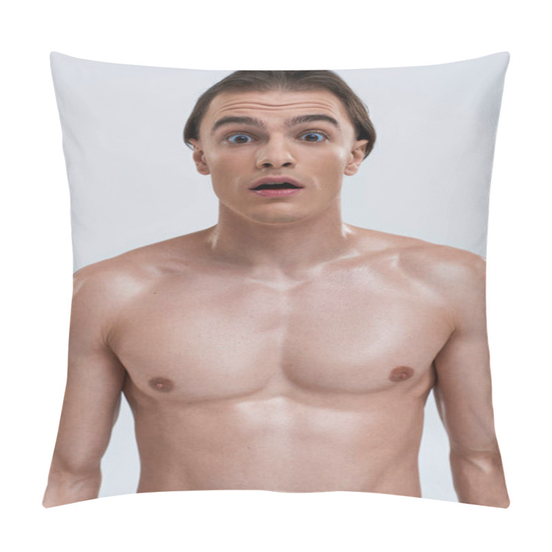 Personality  Good Looking Shirtless Surprised Man Posing Emotionally On Gray Backdrop And Looking At Camera Pillow Covers