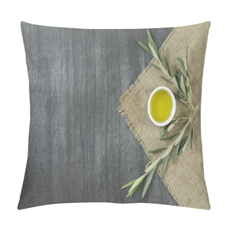 Personality  Top View Of Olive Oil In A Bowl, On Wooden Background. Olive Oil With Branches. Natural Olive Oil In White Plate With Branches Around. Copy Space For Text Or Product. Pillow Covers