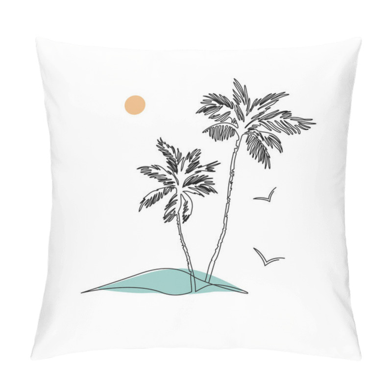 Personality  Tropics Oasis Island Line Drawing. Abstract Tropical Landscape Continuous Art Line With Mountains, Sea, Coconut Palm Tree, Cloudscape. Vector Nature Wallpaper For Minimal Poster, Template Pillow Covers