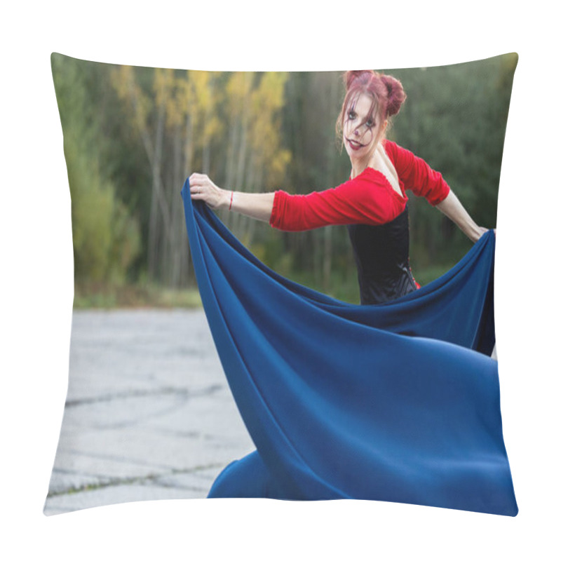 Personality  A Cheerful, Beautiful Young Woman In Motion, Wearing Red And Black Clothes With A Blue Cape: A Play Of Colors And Halloween Fun Pillow Covers