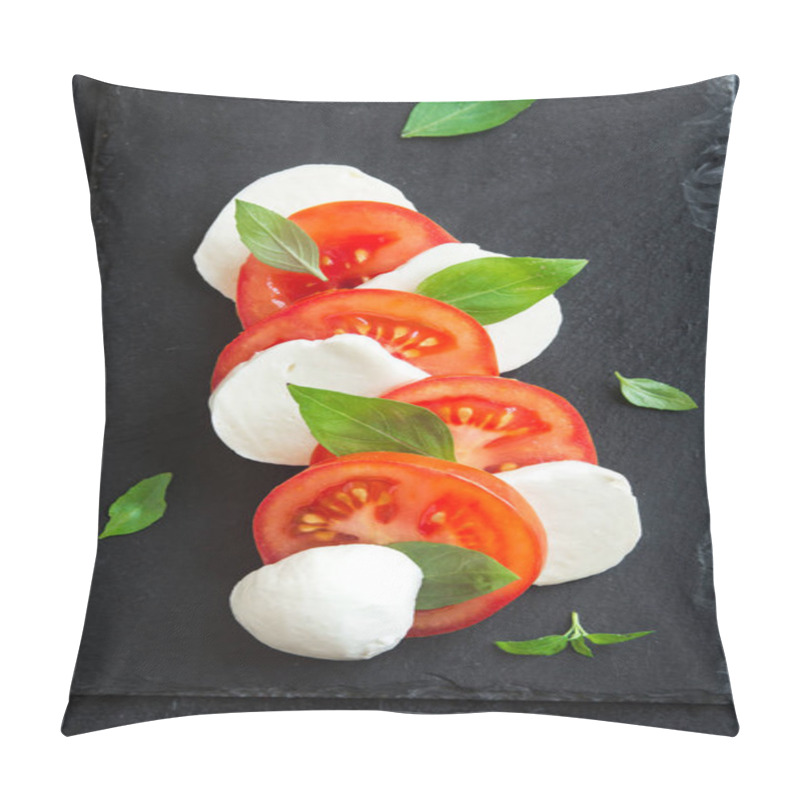 Personality  Traditional Italian Caprese Salad - Sliced Tomatoes, Mozzarella Cheese And Basil On Dark Stone Background, Top View, Copyspace. Caprese Salad, Italian Mediterranean Food. Pillow Covers