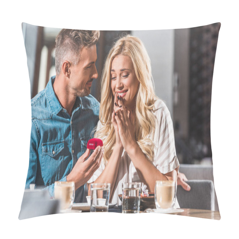 Personality  Handsome Boyfriend Proposing Surprised Attractive Girlfriend And Holding Ring Box In Cafe Pillow Covers