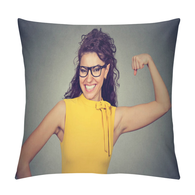 Personality  Happy Successful Strong Woman Flexing Her Biceps  Pillow Covers