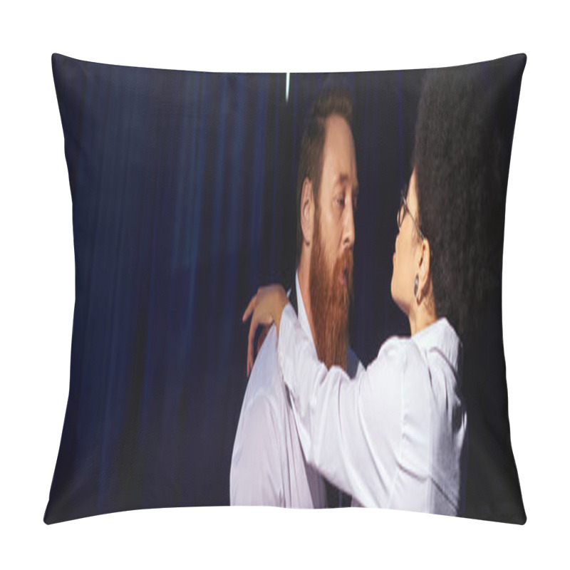 Personality  Alluring African American Businesswoman Embracing Bearded Man In Night Office, Love Affair, Banner Pillow Covers