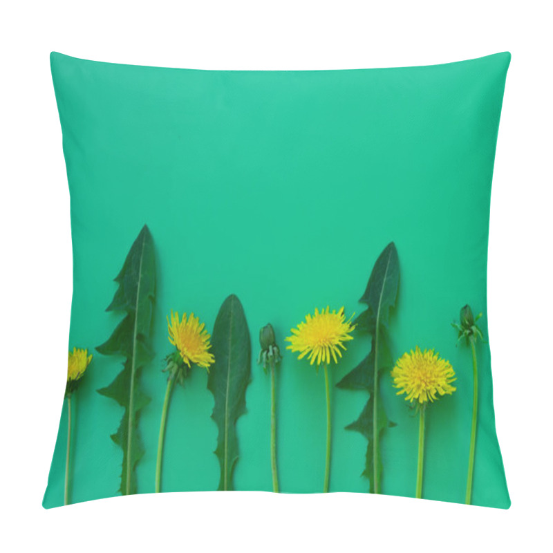 Personality  Botanical Green Background With Row Of Yellow Dandelion Flowers, Buds And Leaves On The Edge With Copy Space. Eco Concept Pillow Covers