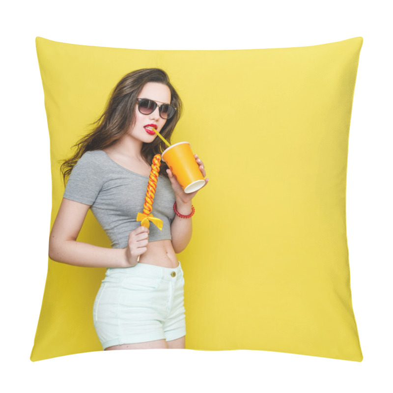 Personality  Attractive Caucasian Joyful Woman With A Paper Cup Of Juice And  Pillow Covers