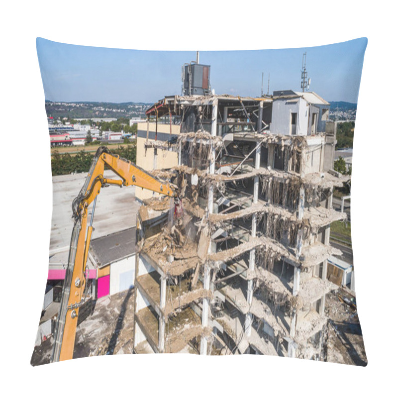 Personality  Aerial View Of Building House Demolition And Construction Site Excavator With Hydraulic Crasher Machine Pillow Covers