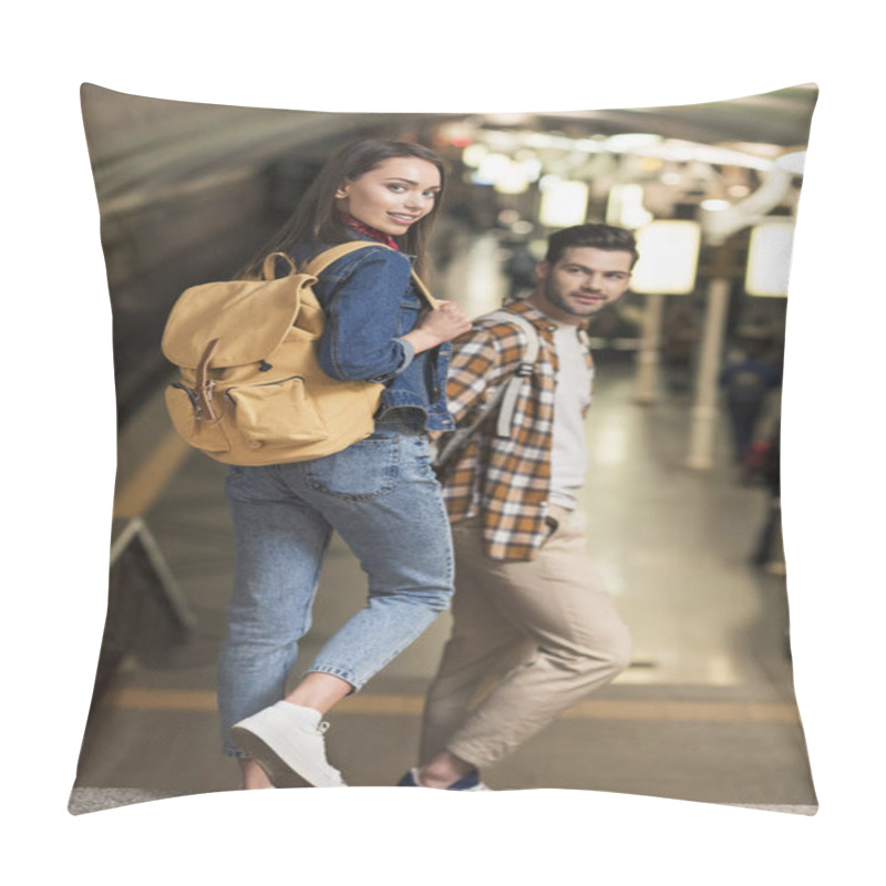 Personality  Stylish Couple Of Tourists With Backpacks At Subway Station Pillow Covers