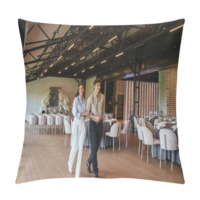 Personality  Joyful Couple Walking Along Festive Tables In Modern Spacious Banquet Hall With Wedding Decor Pillow Covers