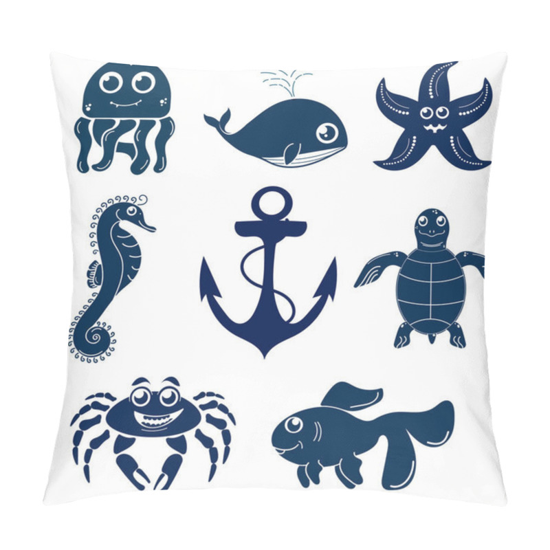 Personality  Set Of Sea Creatures: Octopus, Whale, Starfish, Seahorse, Anchor, Turtle, Crab, Fish. Vector Icons. The Isolated Image. Pillow Covers