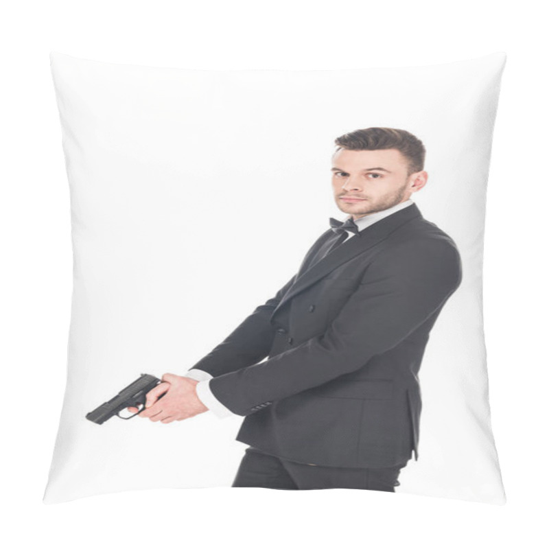 Personality  Handsome Killer In Black Suit Holding Gun, Isolated On White Pillow Covers