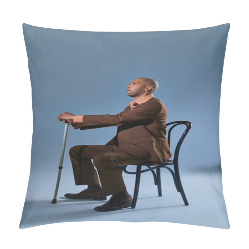 Personality  Diversity And Inclusion, Physical Impairment, African American Man With Myasthenia Gravis Sitting On Chair And Looking Away On Blue Background, Leaning On Walking Cane, Difficulty Walking Pillow Covers