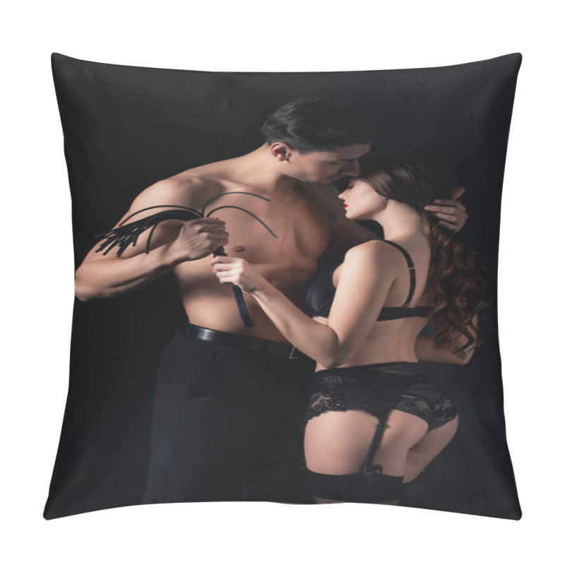 Personality  Seductive Undressed Couple Holding Leather Flogging Whip Isolated On Black Pillow Covers