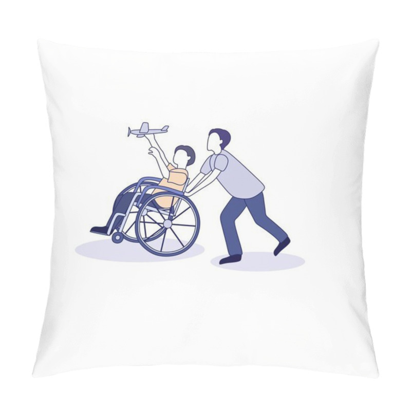 Personality  Social Inclusion. A Boy In A Wheelchair And His Friend Are Playing With An Airplane. Pillow Covers