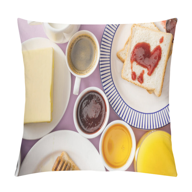 Personality  Top View Of Table Setting Foe Breakfast On Violet Background Pillow Covers