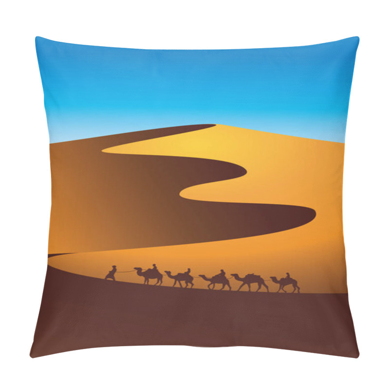 Personality  Camel Caravan Goes Through The Desert Landscape. Vector Illustration Of Sahara Or Namibia Desert. Pillow Covers