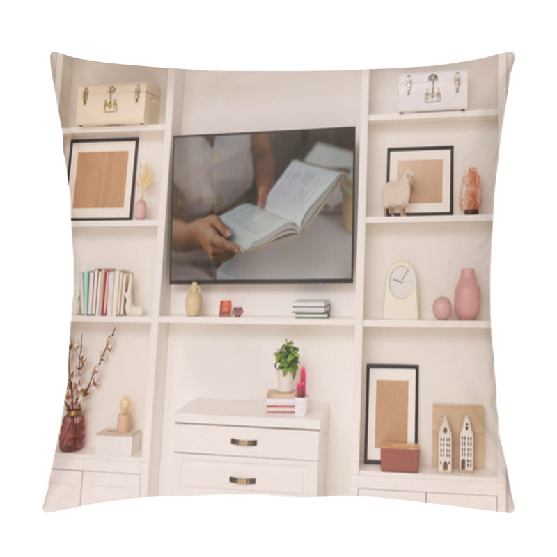 Personality  TV And Shelves With Different Decor In Room. Interior Design Pillow Covers