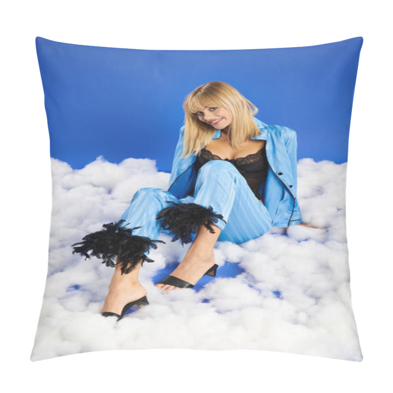 Personality  Blonde Woman In Vibrant Attire Posing Gracefully On Top Of A Pile Of Fluffy Clouds In A Blue Sky. Pillow Covers