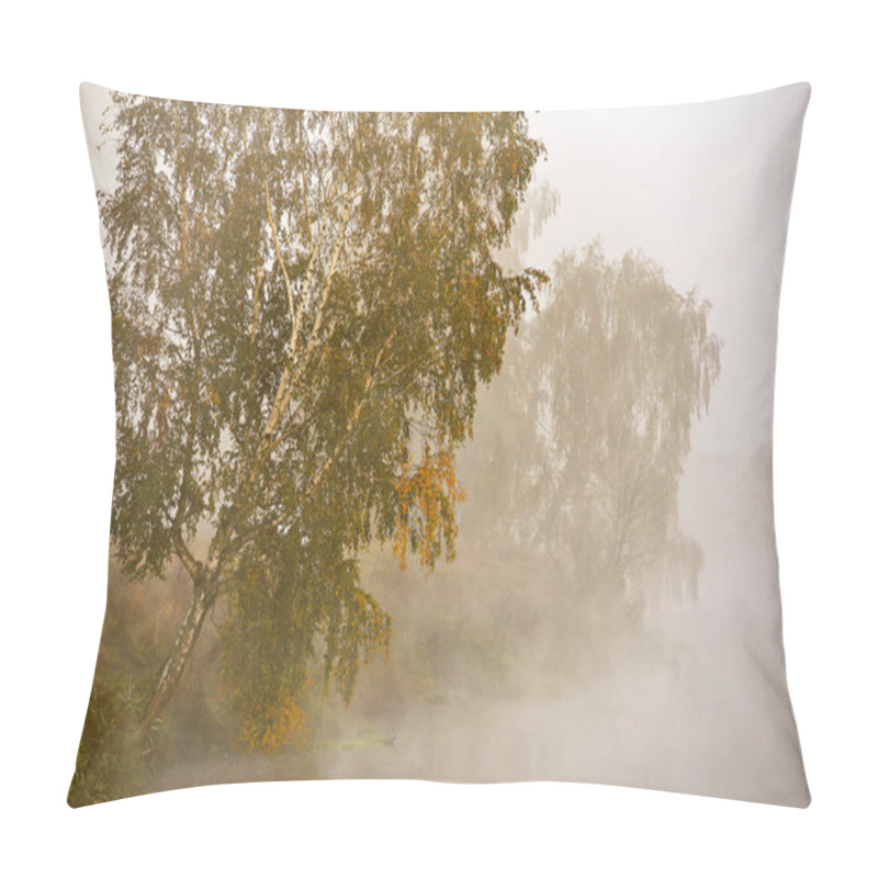 Personality  Autumn Foggy Morning. Birch Trees On The Riverbank. Pillow Covers