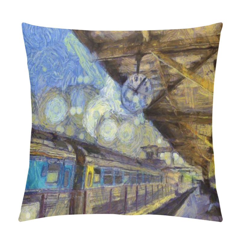 Personality  A Big Train Station Clock Illustrations Creates An Impressionist Style Of Painting. Pillow Covers