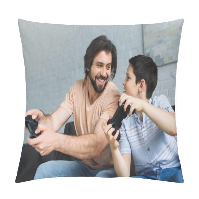 Personality  Portrait Of Smiling Father And Son Playing Video Games Together At Home Pillow Covers