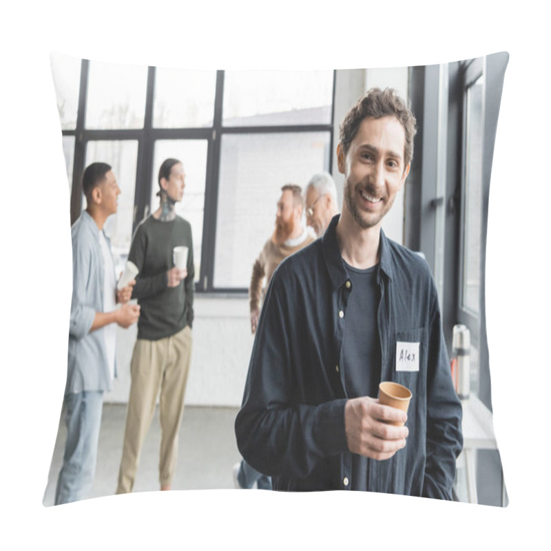 Personality  Smiling Man Holding Paper Cup And Looking At Camera During Alcoholics Meeting In Rehab Center  Pillow Covers