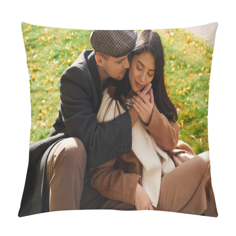 Personality  A Couple Shares An Affectionate Moment Surrounded By Vibrant Autumn Leaves While Dressed Warmly. Pillow Covers