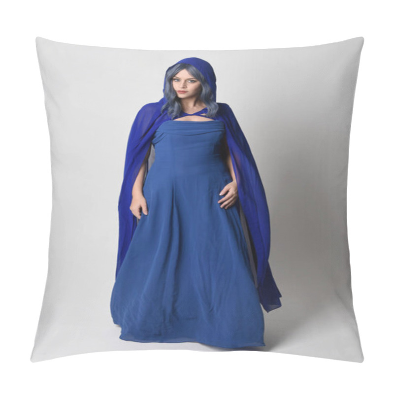 Personality  Full Length Portrait Of Beautiful Female Model Wearing Elegant Fantasy Blue Ball Gown And Flowing Cape With Hood.Standing Pose, With Gestural Arms Reaching Out . Isolated On White Studio Background. Pillow Covers