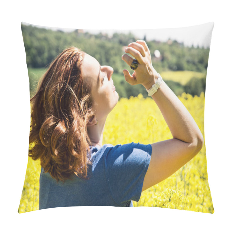 Personality  Young Woman In Yellow Rapeseed Field, Sunlight, Rear View Pillow Covers