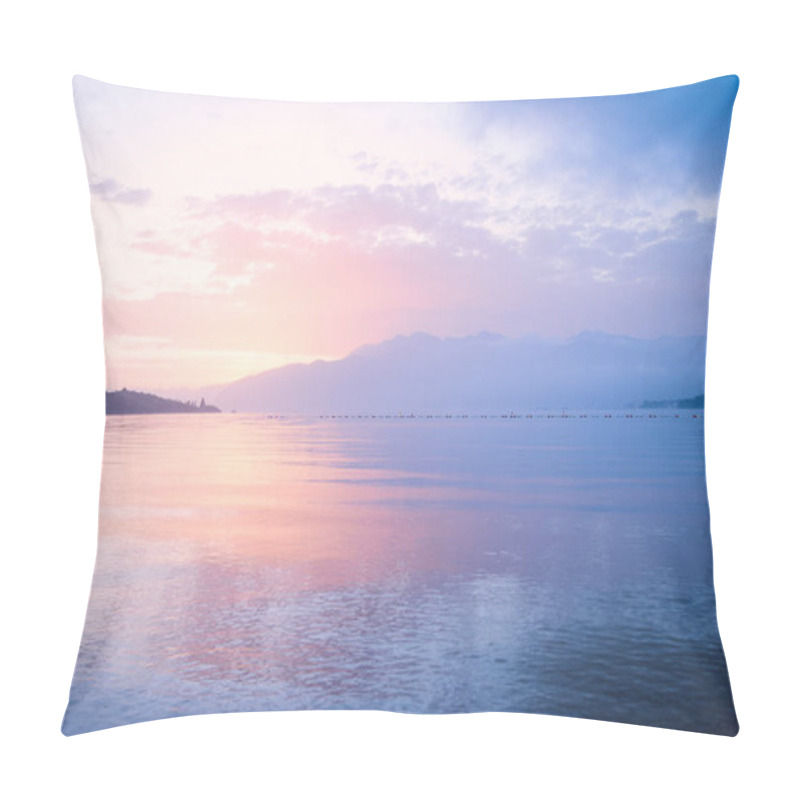 Personality  Pink And Blu Sunset In The Sea On A Background Of Mountains Pillow Covers