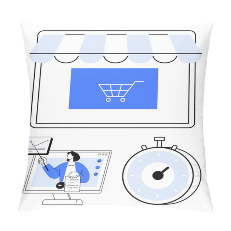 Personality  Digital Storefront With Shopping Cart, Professional On Video Call Presenting Data, Stopwatch Illustration. Ideal For E-commerce, Online Business, Virtual Meetings, Time Strategy, Webinars Pillow Covers