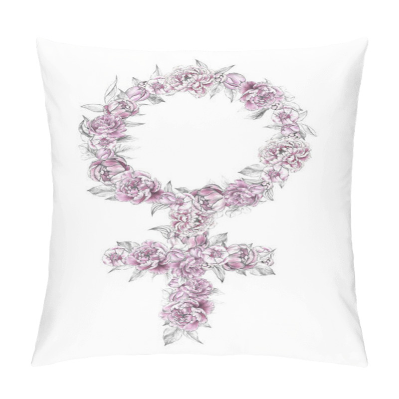 Personality  Symbol Of Feminist Movement. Venus Symbol. Girl Power. Feminist Symbol With Pink Peonies Flowers Decoration Pillow Covers