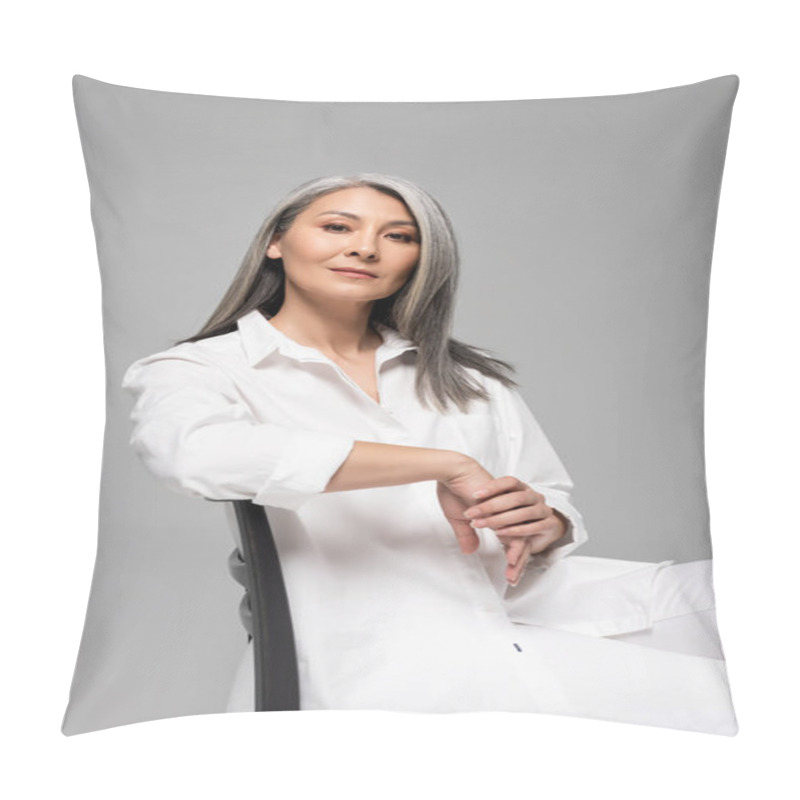 Personality  Beautiful Confident Asian Woman With Grey Hair Sitting On Chair Isolated On Grey Pillow Covers