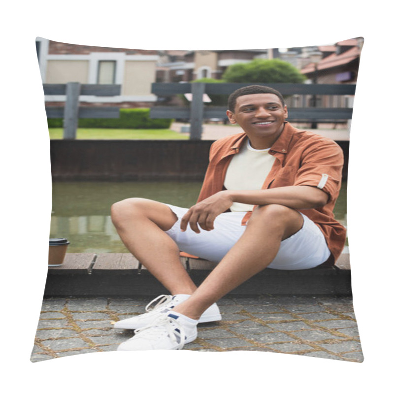 Personality  Happy African American Man Sitting On Border Near Water And Coffee To Go On Urban Street Pillow Covers