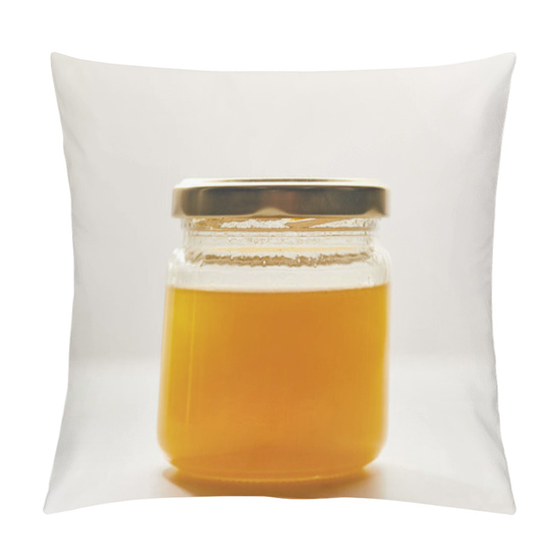 Personality  Close Up View Of Sweet Organic Honey In Glass Jar On White Surface Pillow Covers