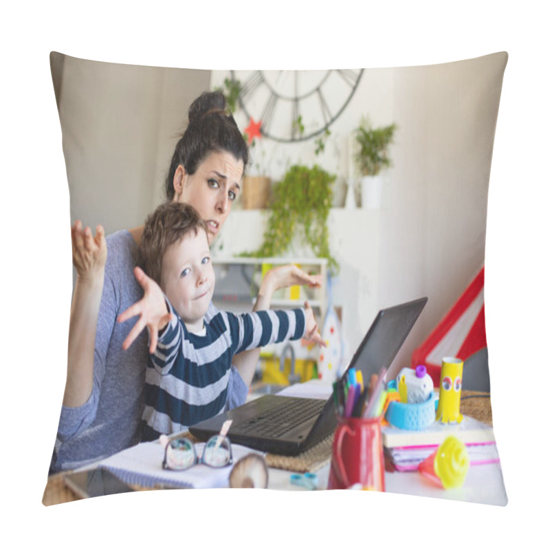 Personality  Busy Mother Working From Home And Taking Care Of Her Child. Stressed Woman Telecommuting On Laptop Computer With Her Son. Pillow Covers