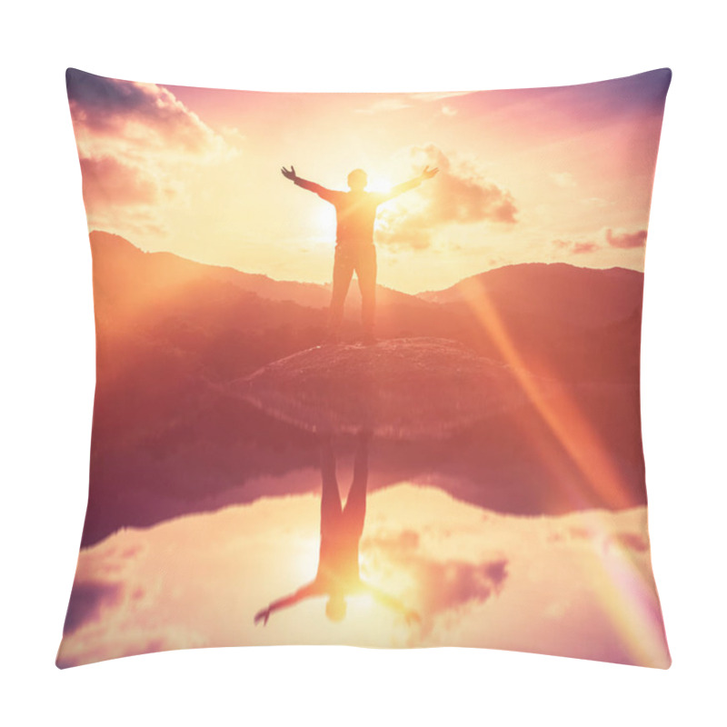 Personality  Copy Space Of Man Rise Hand Up On Top Of Mountain And Sunset Sky Abstract Background River Water Reflection. Freedom Travel Adventure And Business Victory Concept. Vintage Tone Filter Effect Color Style. Pillow Covers