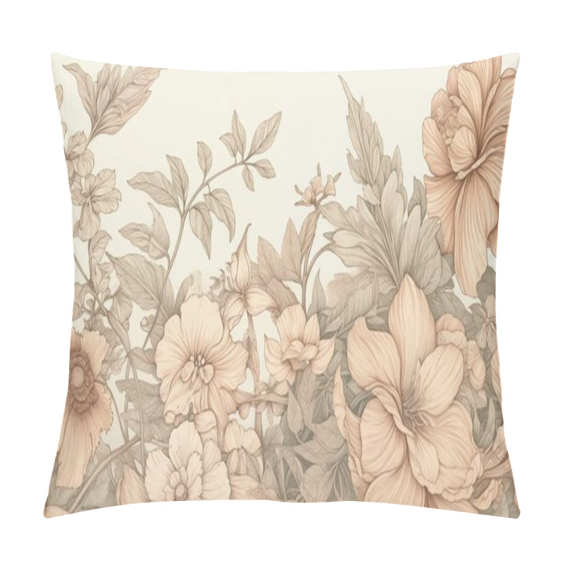 Personality  A Finely Crafted Sepia-toned Illustration Displaying An Array Of Flowers And Leaves In Intricate Detail. This Artwork Embodies Vintage Botanical Charm And Natural Elegance In Every Petal. Pillow Covers