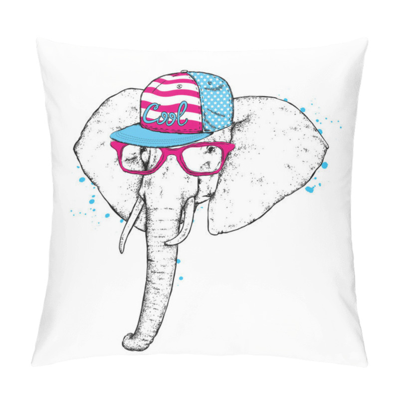 Personality  An Elephant In A Cap And Glasses. Vector Illustration. Wild Animal, Africa And Safari. Pillow Covers