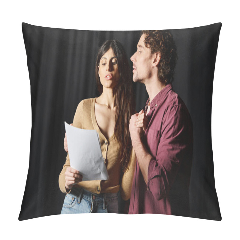 Personality  A Handsome Man And A Woman Practice Lines Together. Pillow Covers