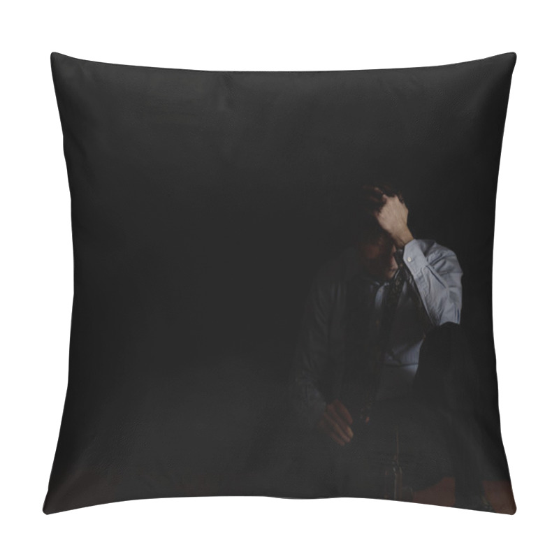 Personality  Sitting Mature Man Holding Head While Holding Beer Bottle In Dar Pillow Covers