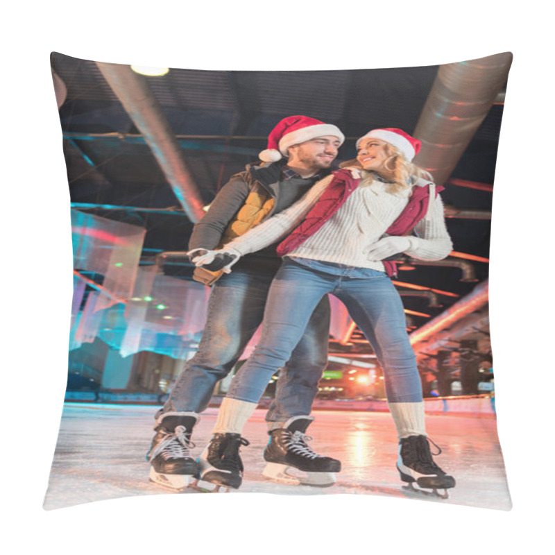 Personality  Beautiful Happy Young Couple In Santa Hats Skating On Rink Pillow Covers