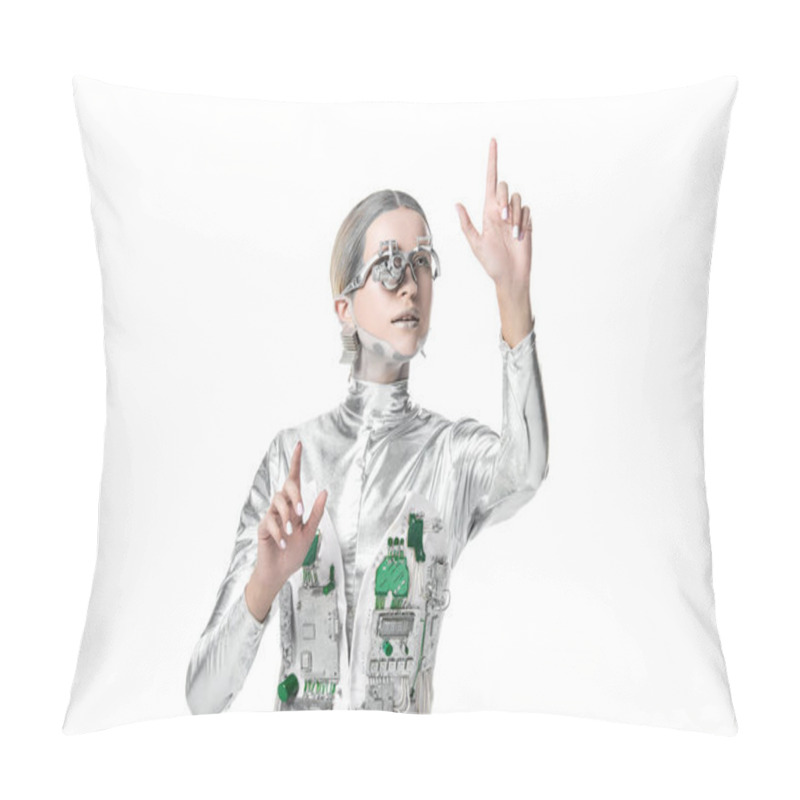 Personality  Silver Robot With Eye Prosthesis Touching Something Isolated On White, Future Technology Concept  Pillow Covers